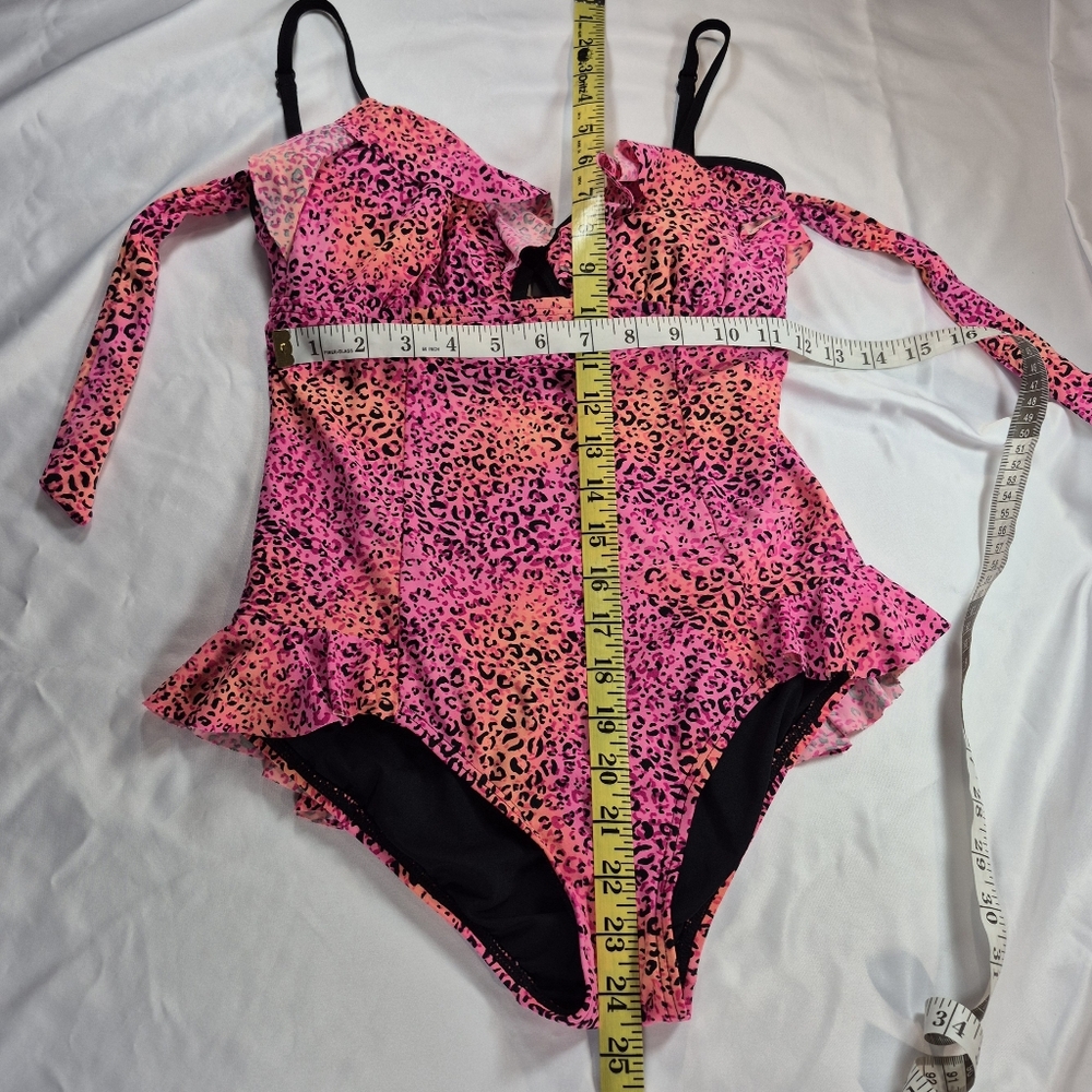 Coco Rave Neon Pink & Orange Leopard Ruffle One Piece Swimsuit XS/S - Picture 3 of 10